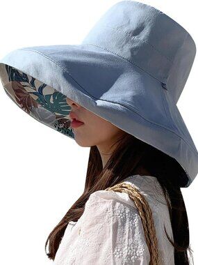Women Wide Brim Summer Sun Hat Wired Edge Beach Bucket Fishing Hats Blue